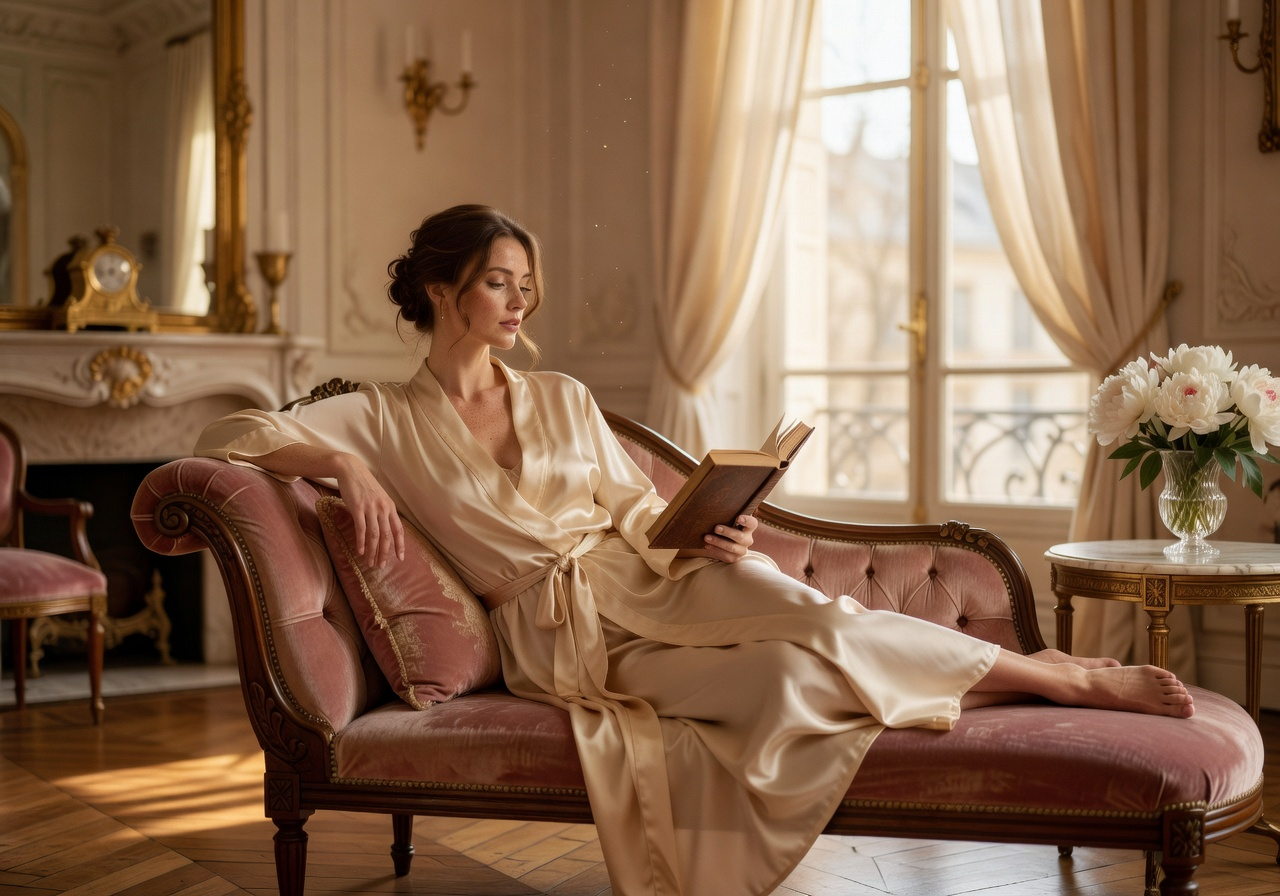 A woman in a silk robe reclines on a pink chaise lounge, reading a book in an elegant Parisian-style living room.