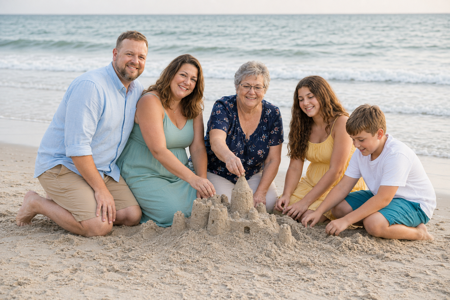 Family of five building a sandcastle together on a sunny beach near the ocean.