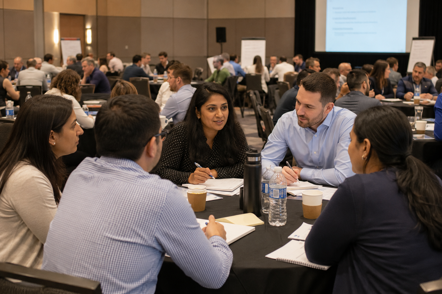 Diverse group of professionals engaged in discussion at a round table during a business conference workshop.