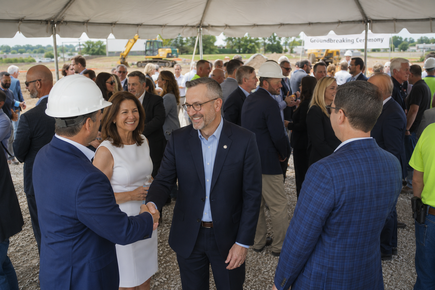 Business professionals networking at an outdoor groundbreaking ceremony under a white tent on a sunny day.