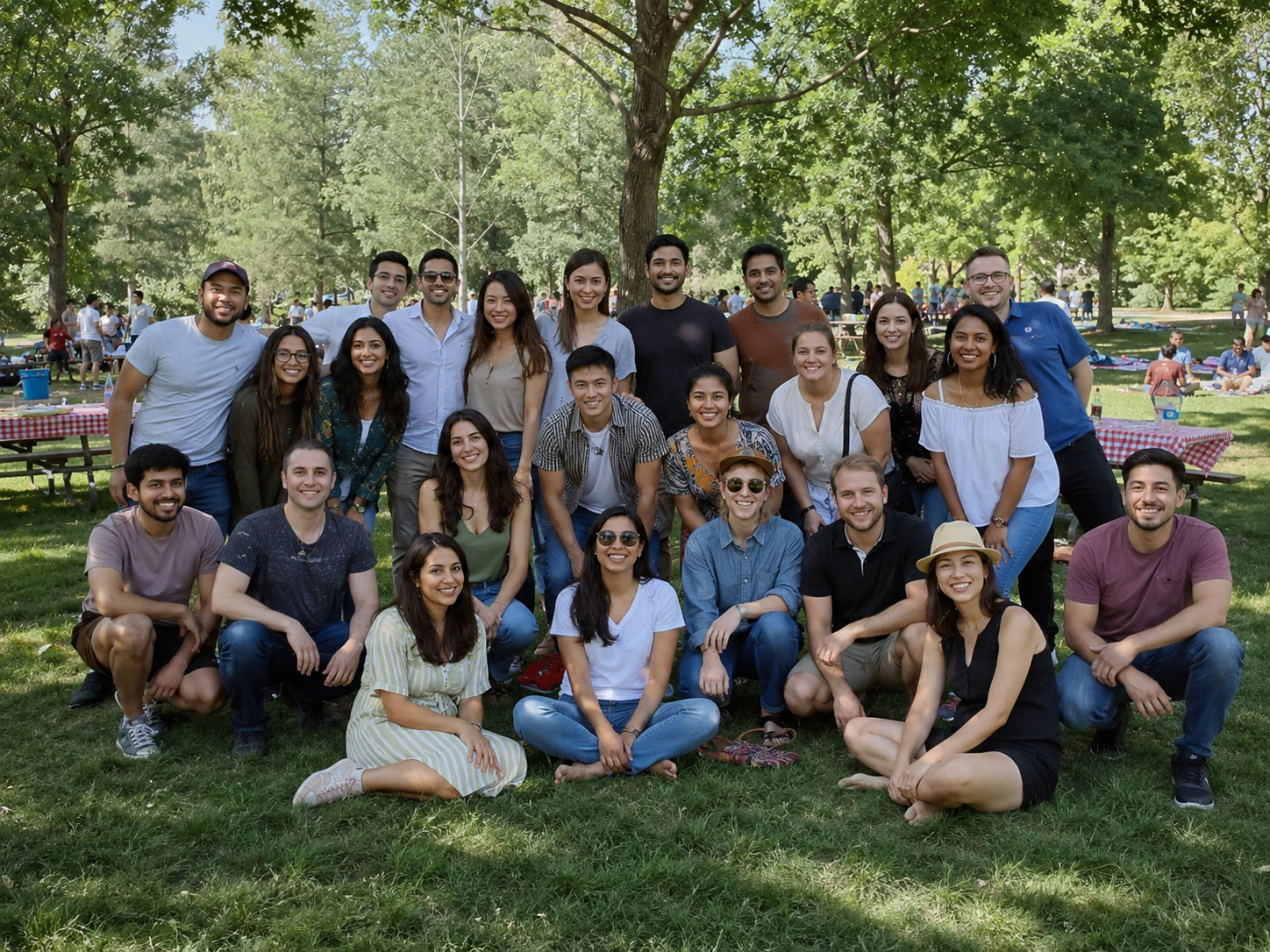 Large group of diverse young professionals smiling together outdoors in a sunny green park setting.