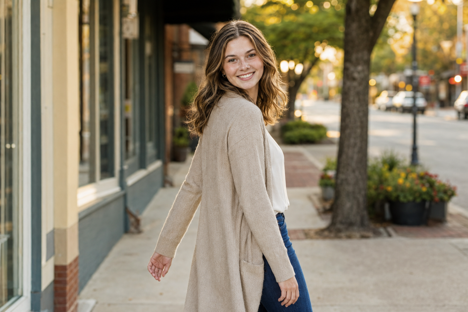 Smiling young woman in beige cardigan posing on a sunny urban sidewalk.