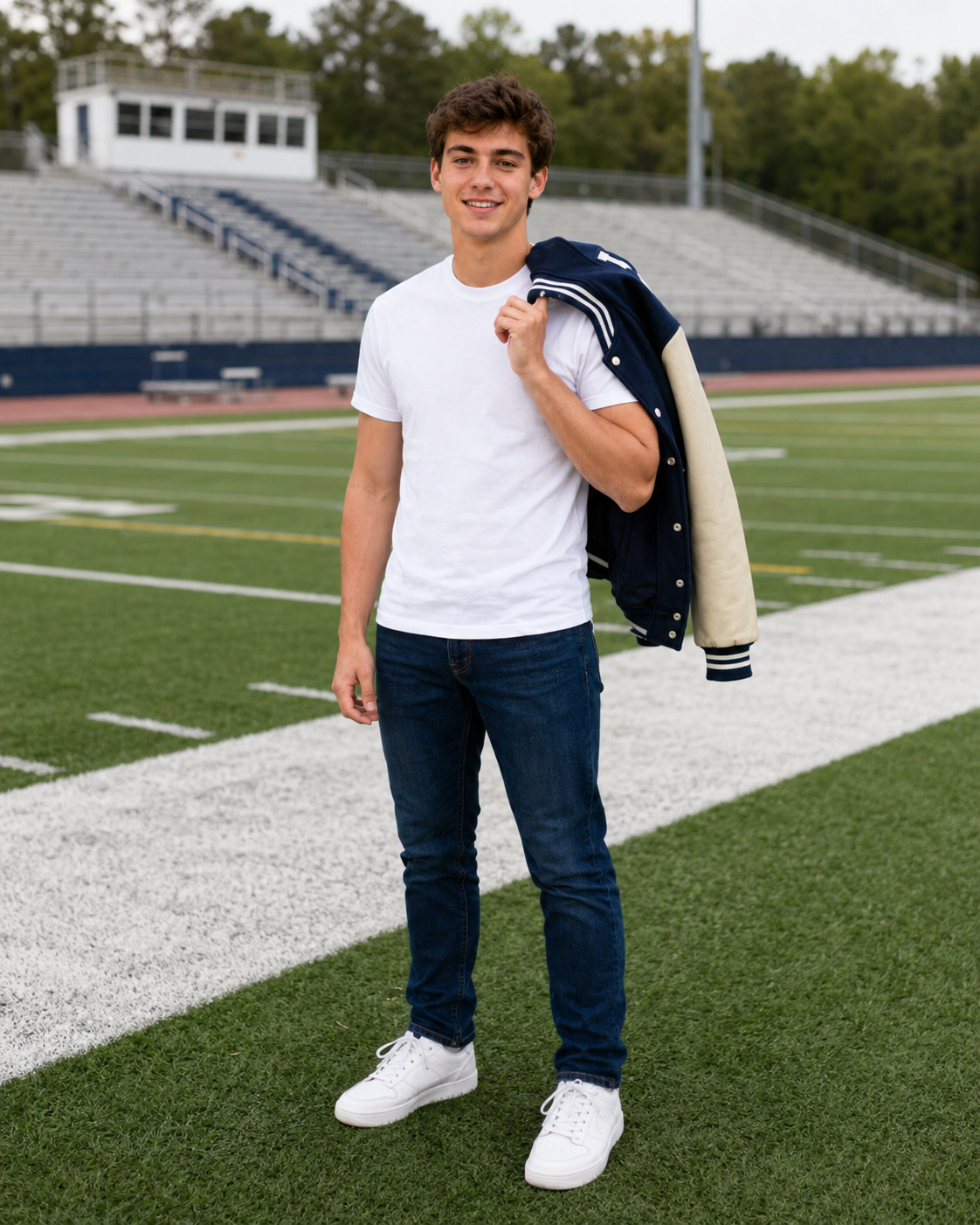 Smiling teenage boy in white tee holding varsity jacket on football field for senior portrait.