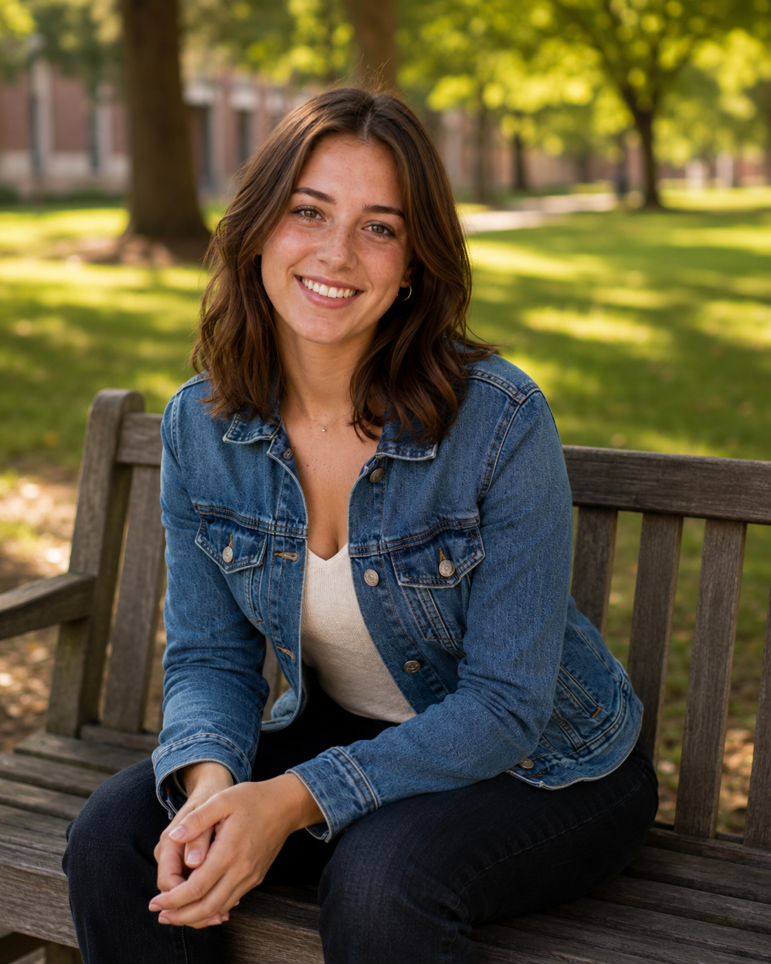 Smiling young woman in denim jacket sitting on wooden bench on sunny campus.