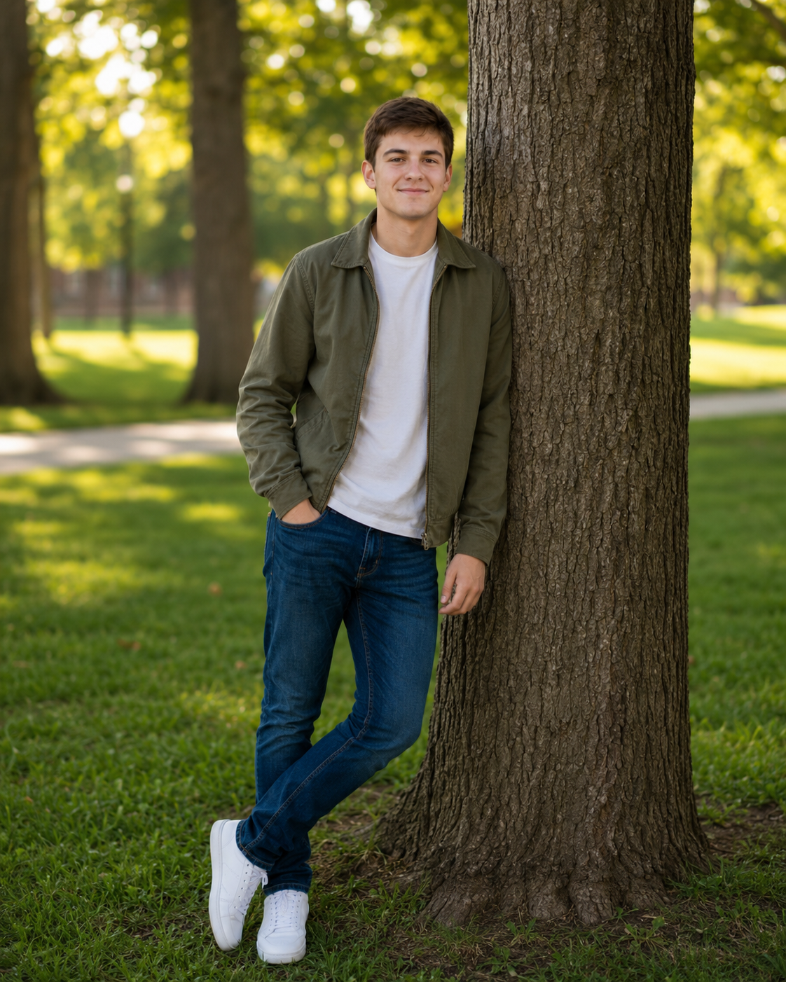 Young man in olive jacket and jeans leaning against a tree in a lush green park, smiling confidently.