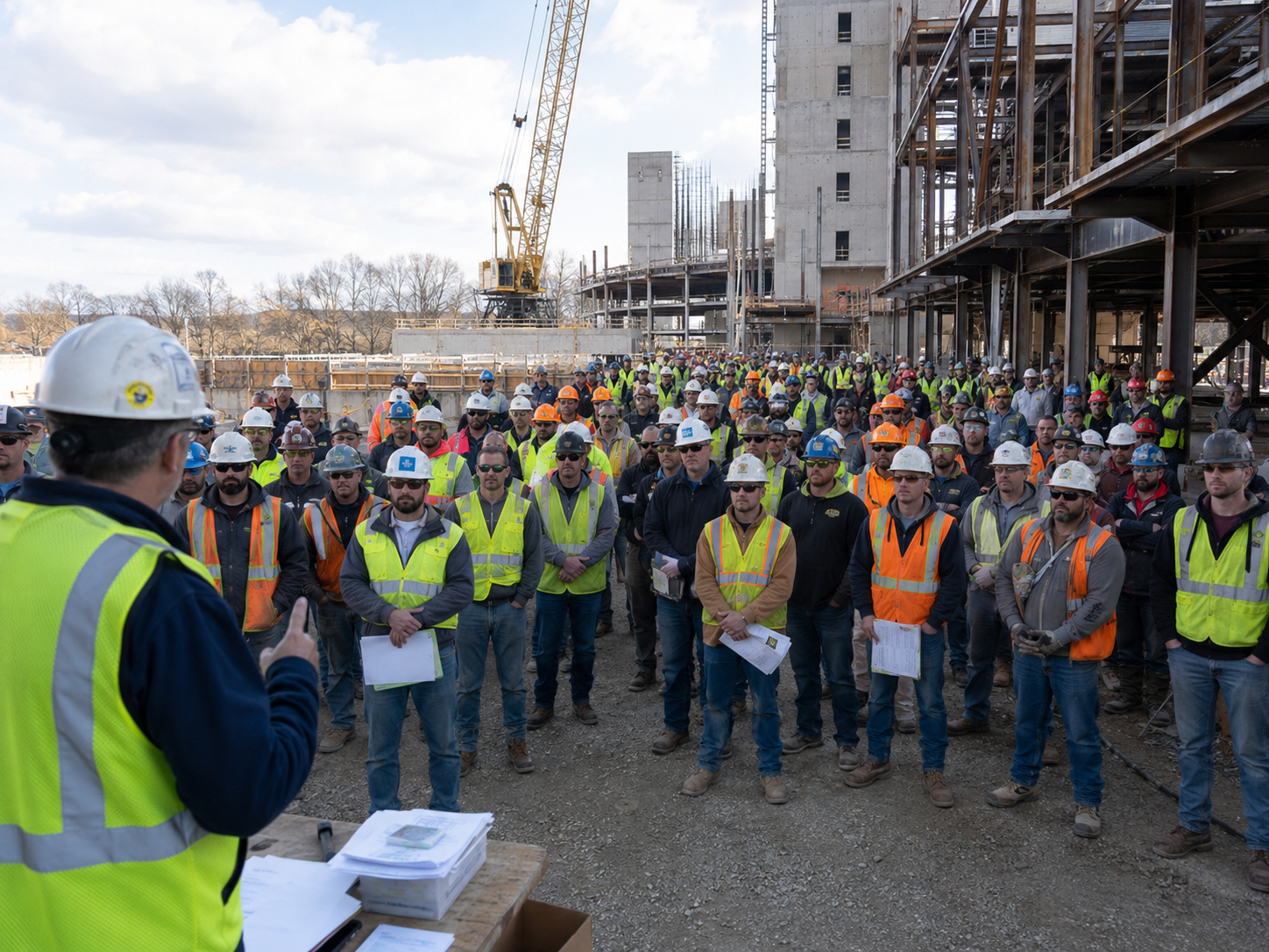 Construction workers in hard hats and safety vests attend an outdoor briefing at an active building construction site.
