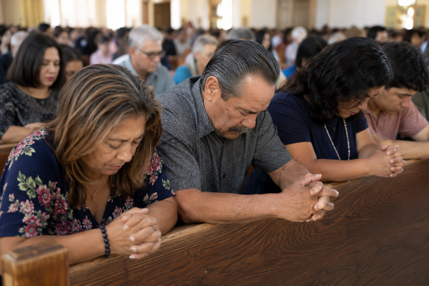 Congregation members bow heads in prayer at wooden church pews during a religious service.