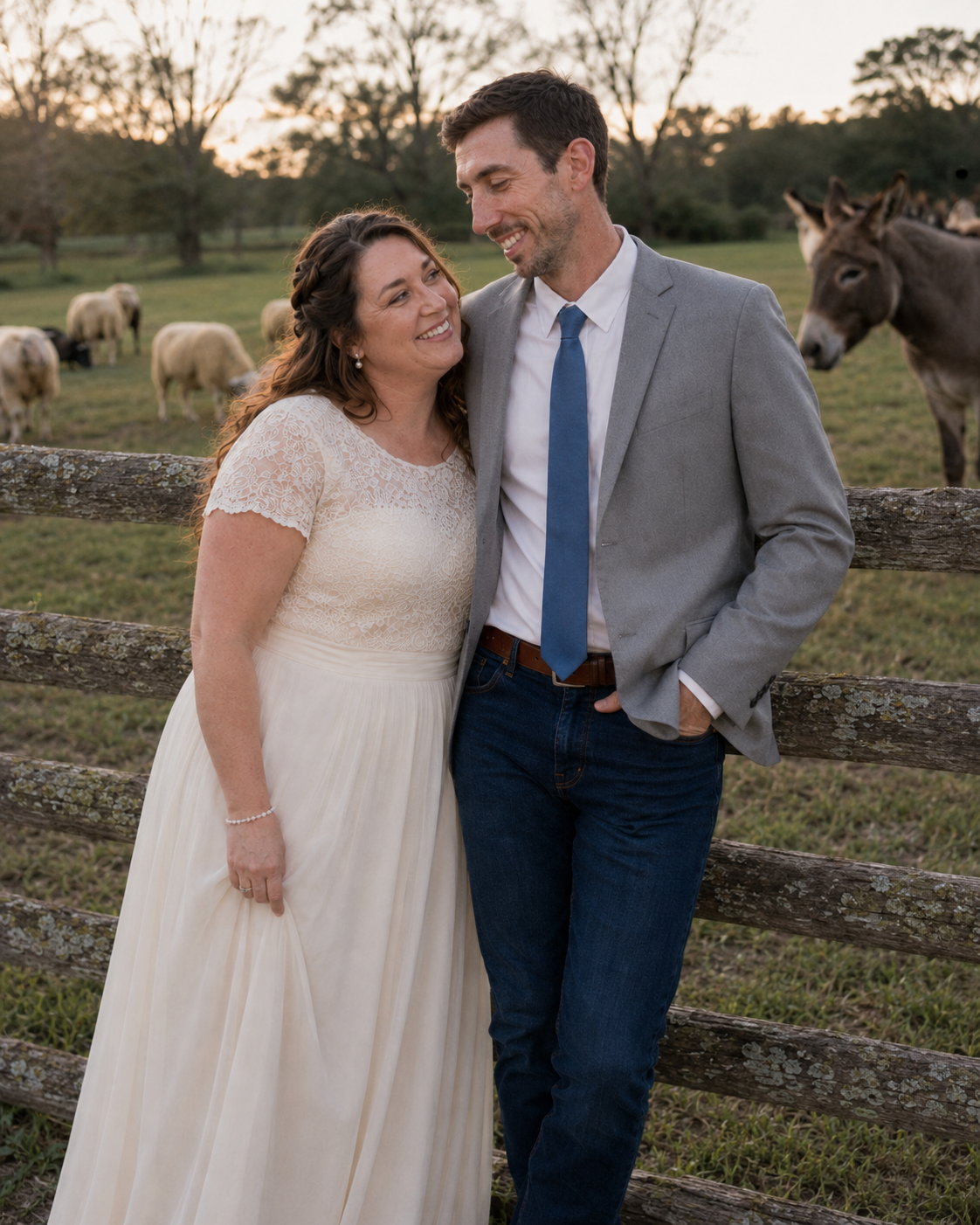 Wedding couple leans together laughing by a wooden fence with sheep and a donkey on the farm.