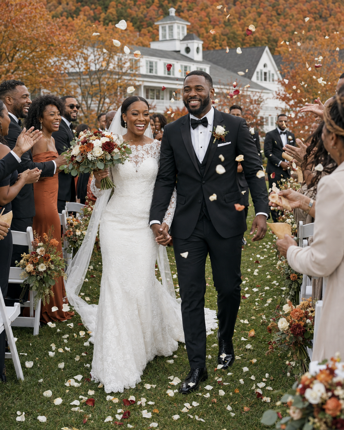 A joyful Black couple walks down the aisle after their fall wedding ceremony as guests toss flower petals.