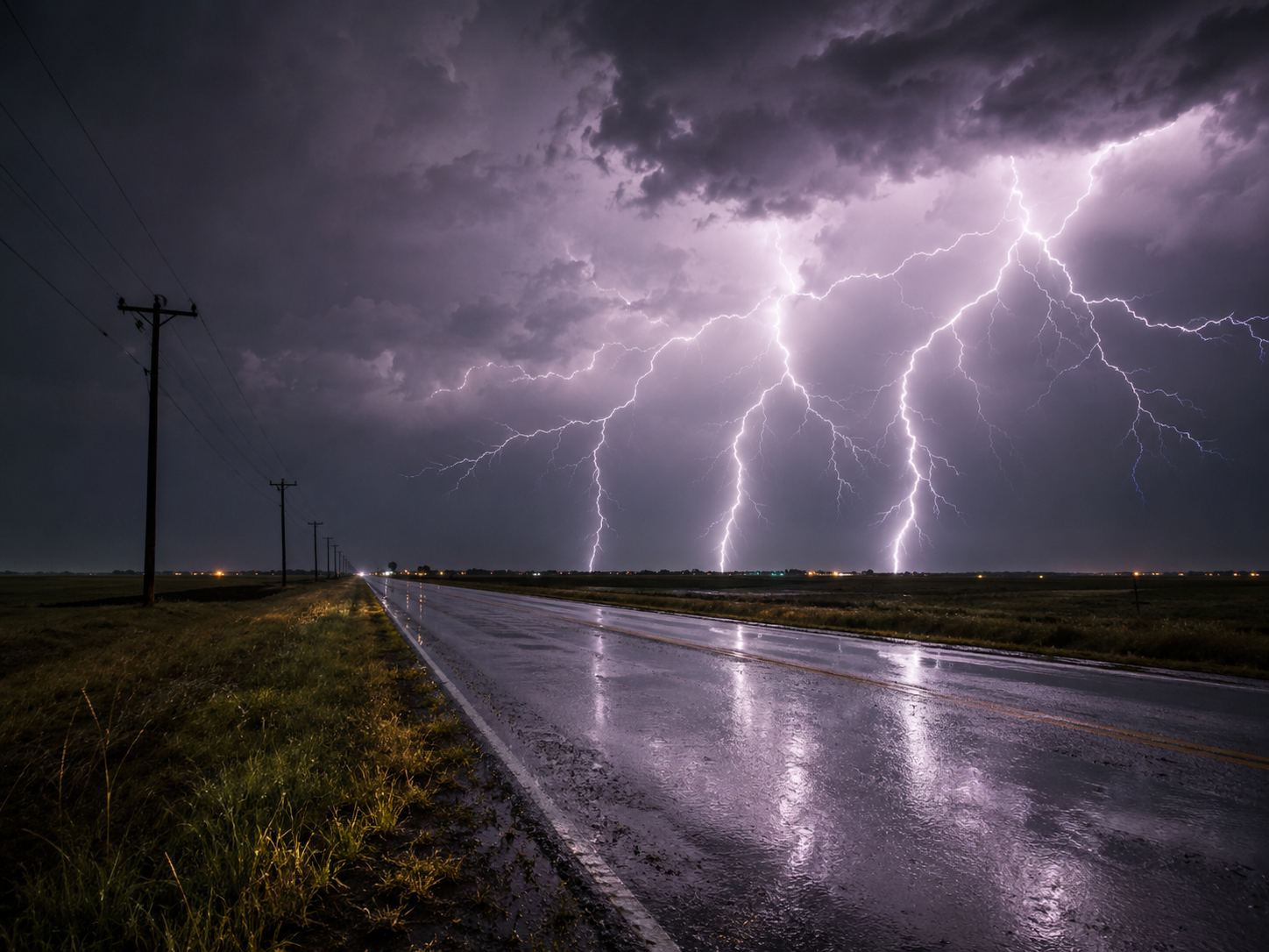 Lightning storm illuminates a wet rural road at night with dramatic purple sky and utility poles.