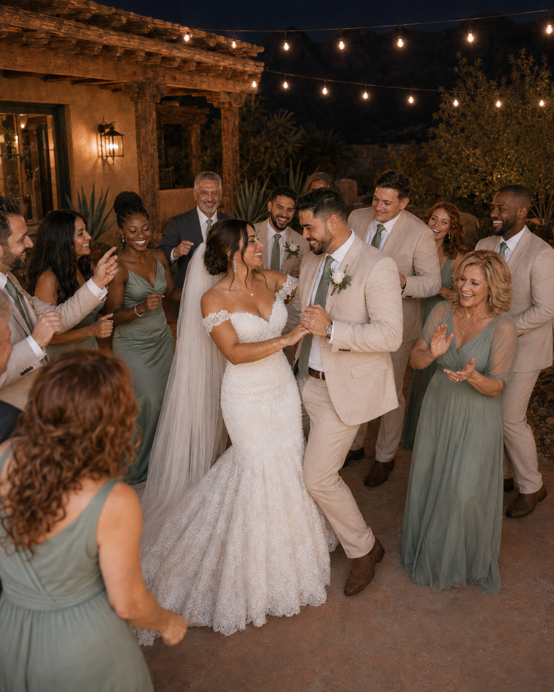 Bride and groom dance joyfully outdoors at night surrounded by wedding party in sage green and tan attire under string lights.