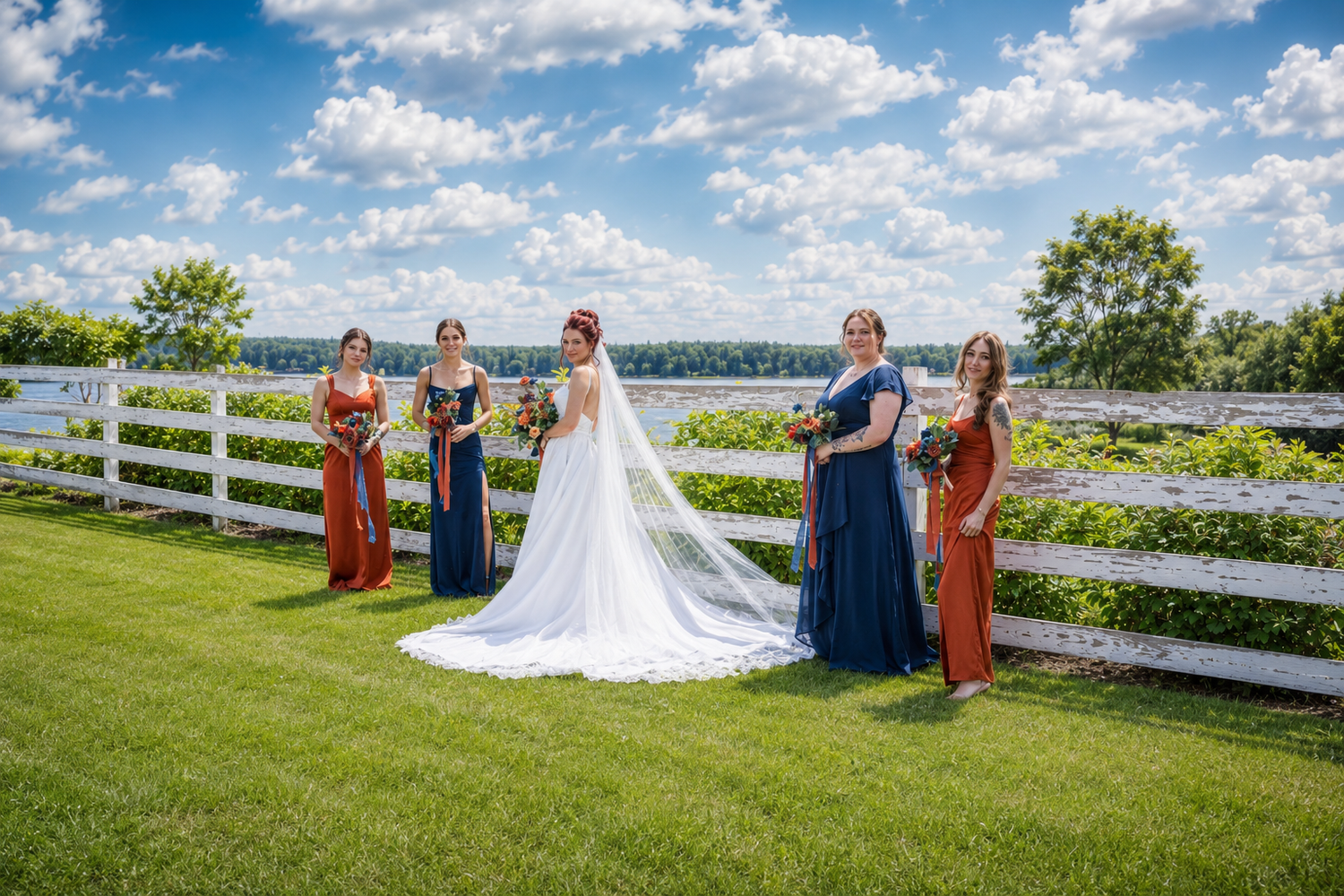 Bride in white gown with long veil poses with four bridesmaids in navy and rust dresses by a white fence outdoors.