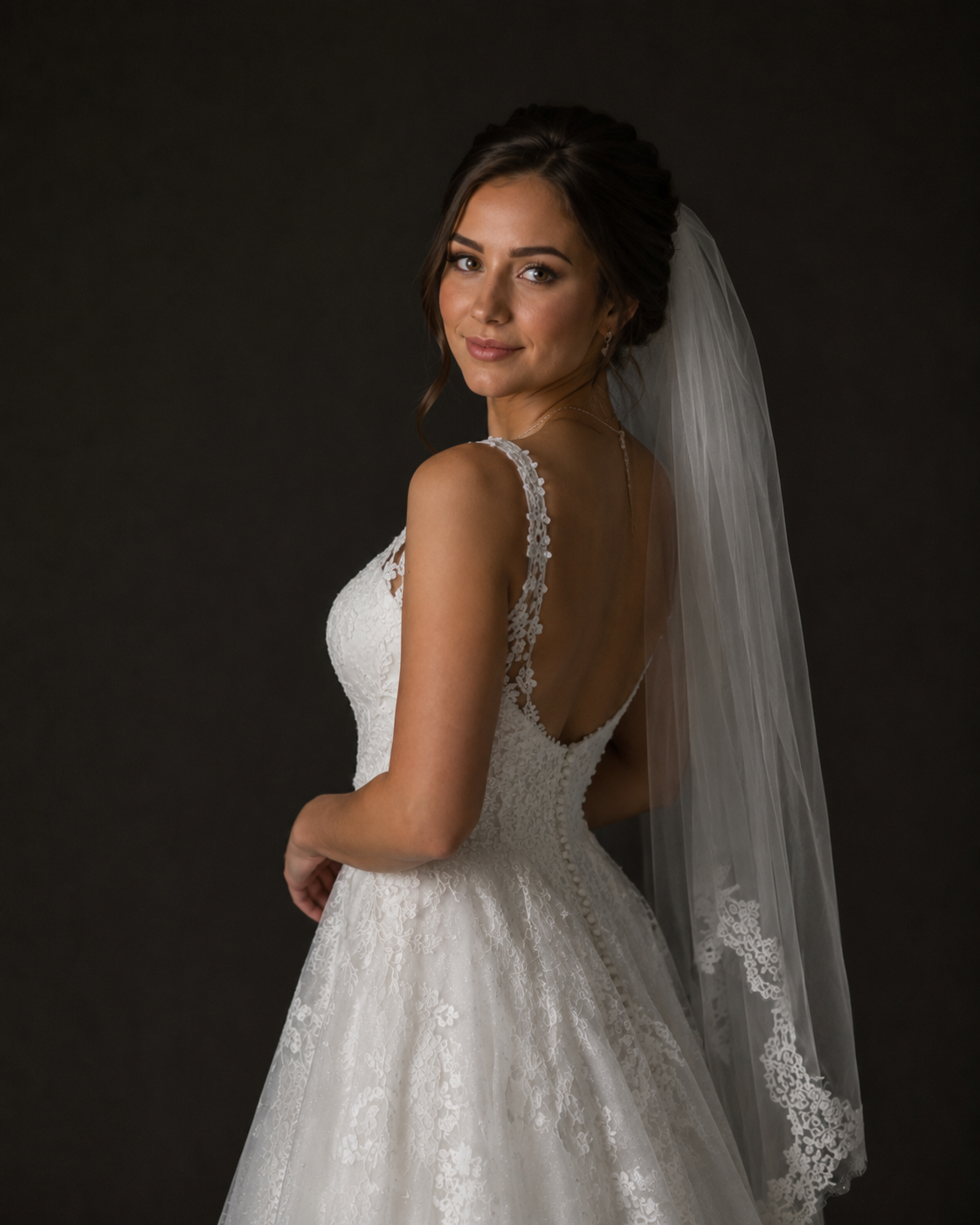 Bride showcasing open lace back of A-line wedding dress with floral appliques and elbow-length veil in studio.