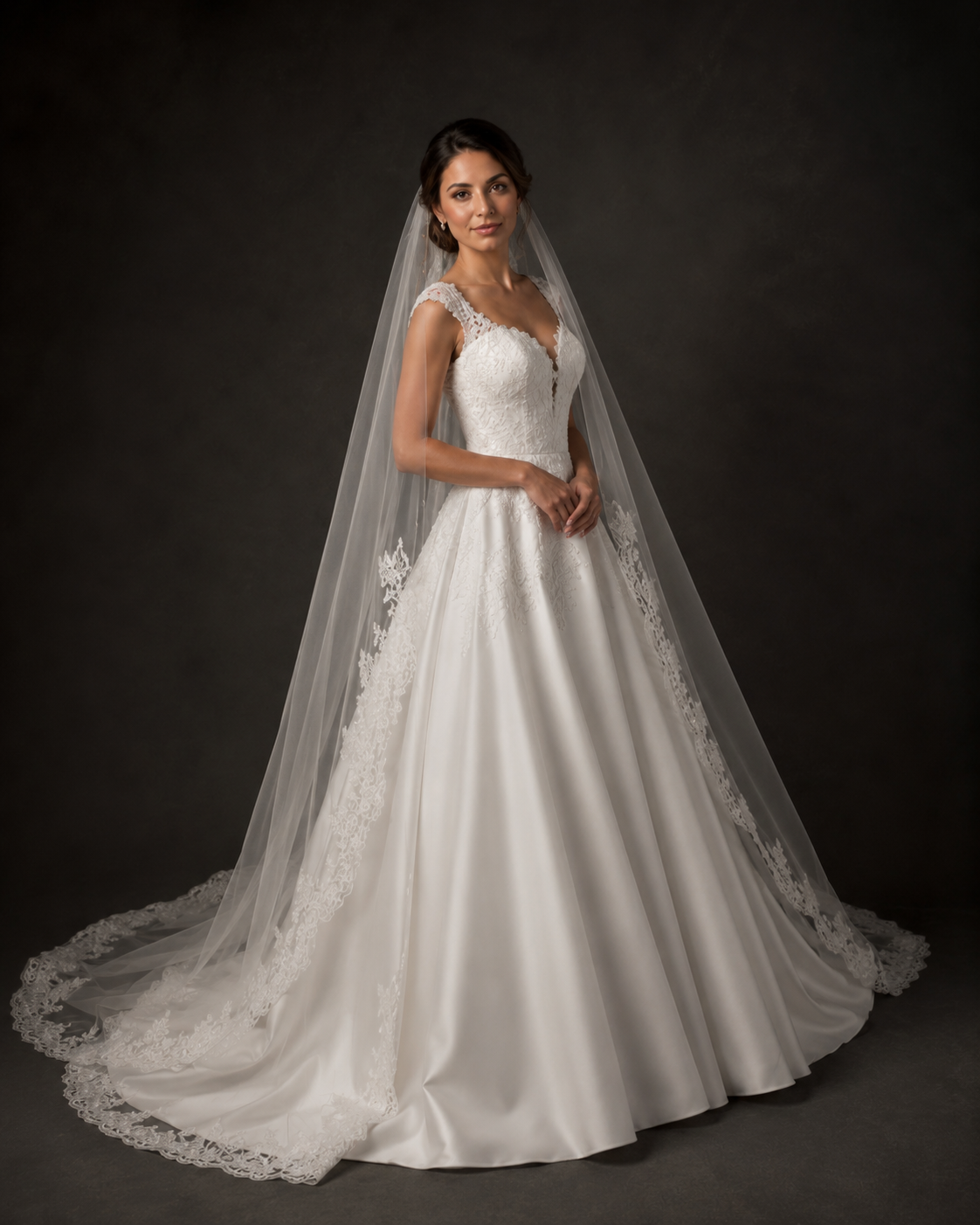 Bride wearing a classic ball gown wedding dress with lace bodice, cap sleeves, and a long cathedral veil with lace trim.
