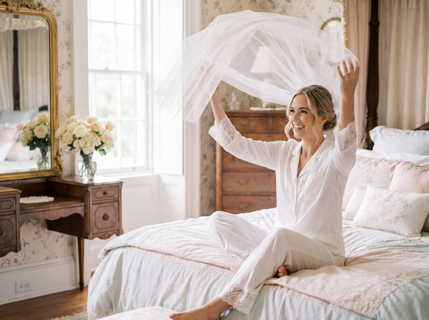 Smiling bride in white pajamas sitting on a bed, joyfully tossing sheer fabric in an elegant bedroom.