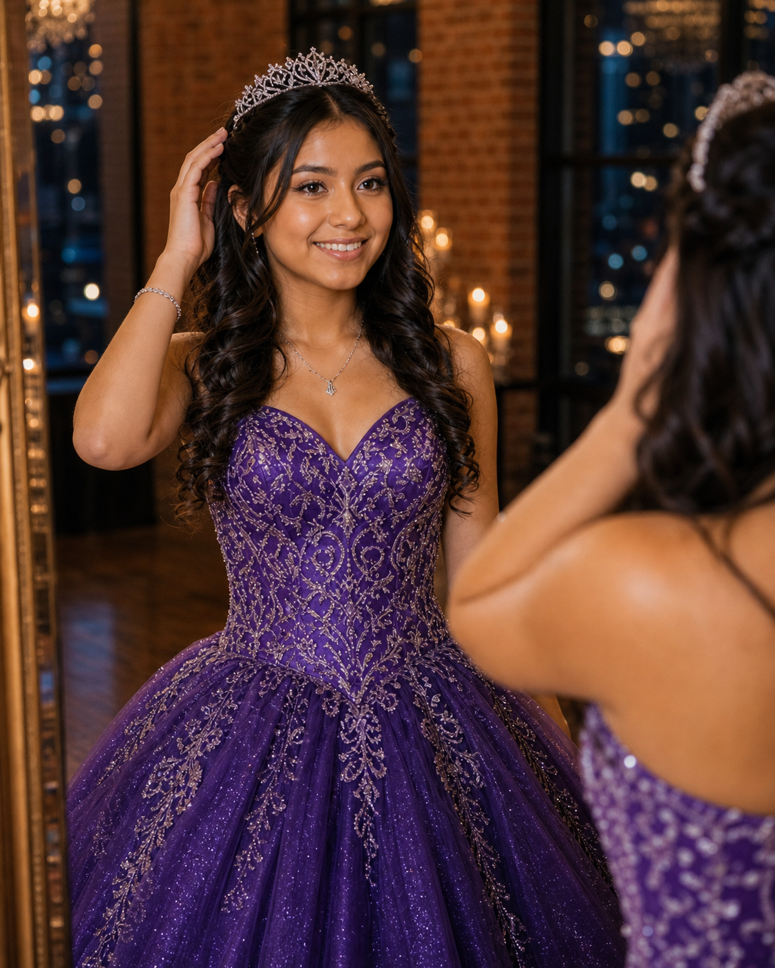 Teen girl in ornate purple quinceañera dress with gold detailing adjusts her silver tiara before a mirror.