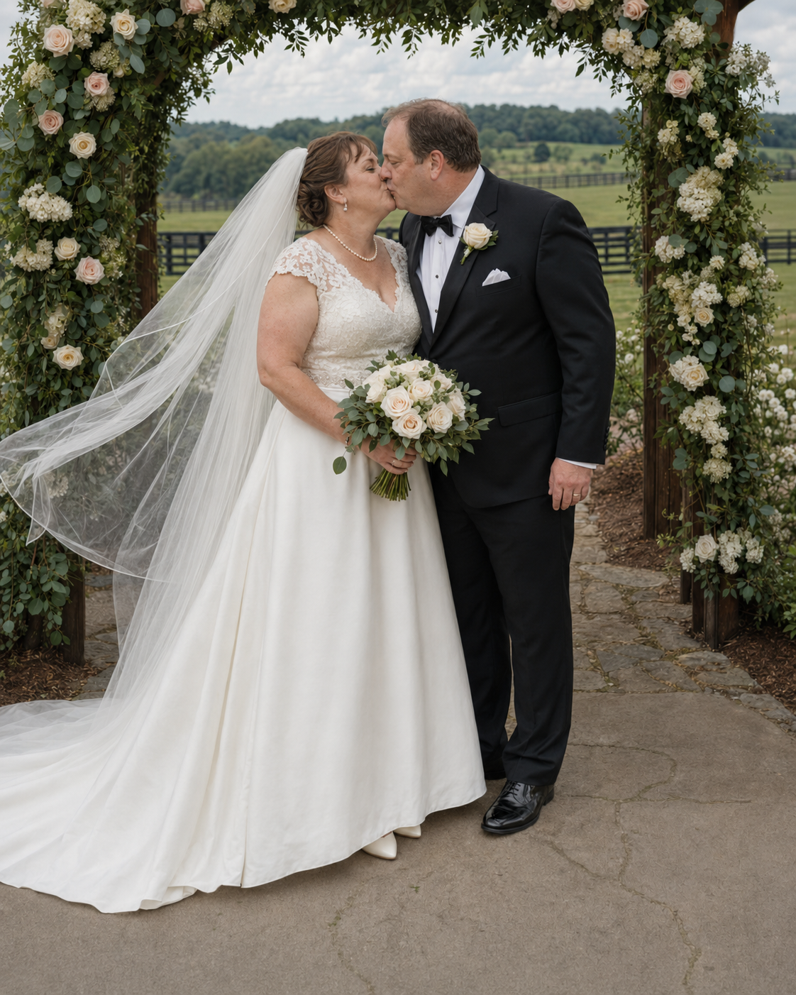 Bride and groom share first kiss under floral arch at outdoor wedding ceremony with scenic countryside backdrop.