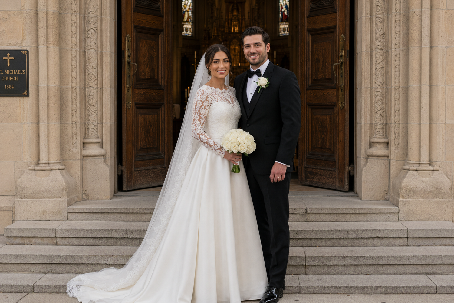 Bride and groom pose on church steps, bride holding white bouquet in wedding attire.