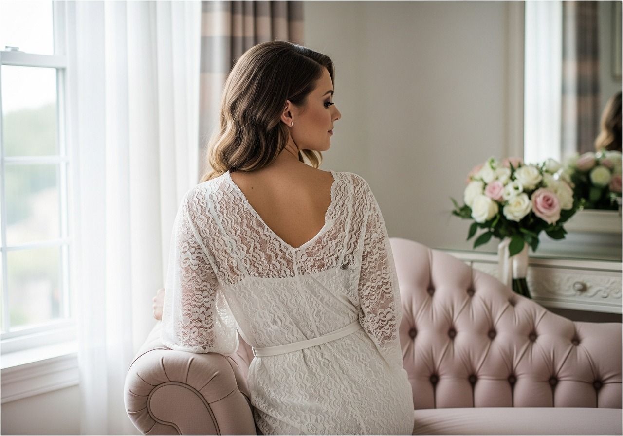 Bride in backless lace wedding dress seated on pink tufted chair near window with floral bouquet.
