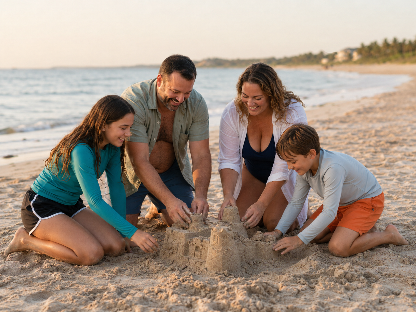 Family of four building a sandcastle together on a sunny beach, smiling and enjoying vacation time.