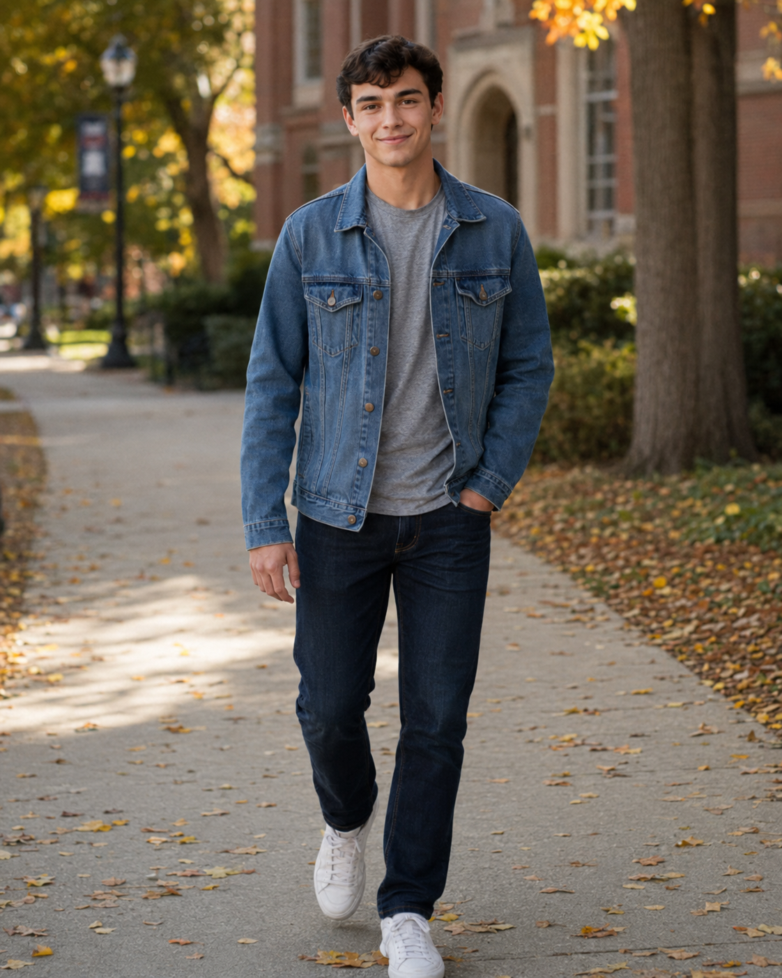 Teen boy in denim jacket walking on tree-lined campus path in autumn.