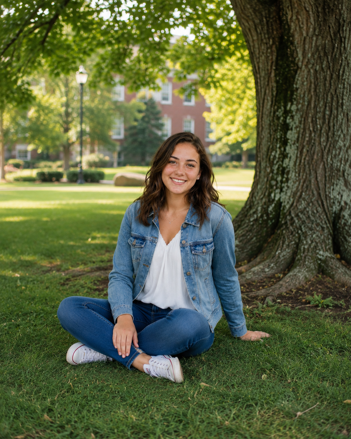 Smiling young woman in denim jacket sitting cross-legged on grass under large tree on college campus.