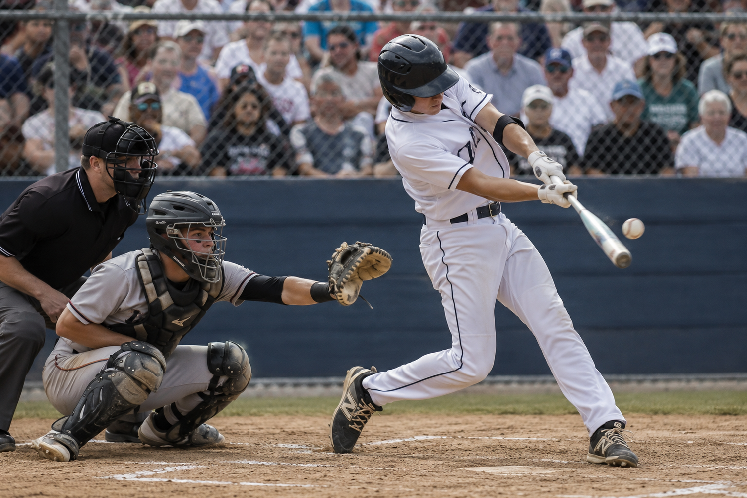Baseball batter swings at pitch with catcher and umpire behind home plate during game.