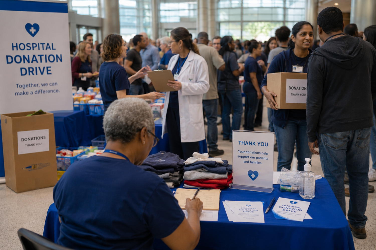 Hospital donation drive event with staff collecting items at a blue-draped table in a lobby.