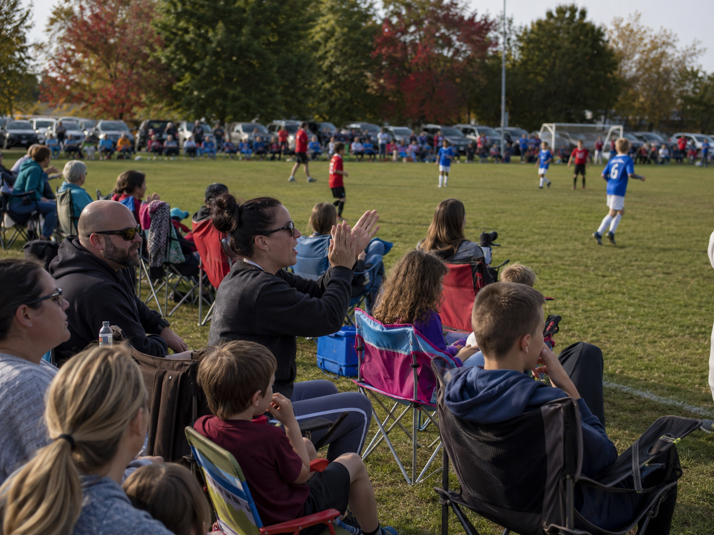 Families cheer from lawn chairs on the sidelines of a youth soccer game on a sunny fall day.