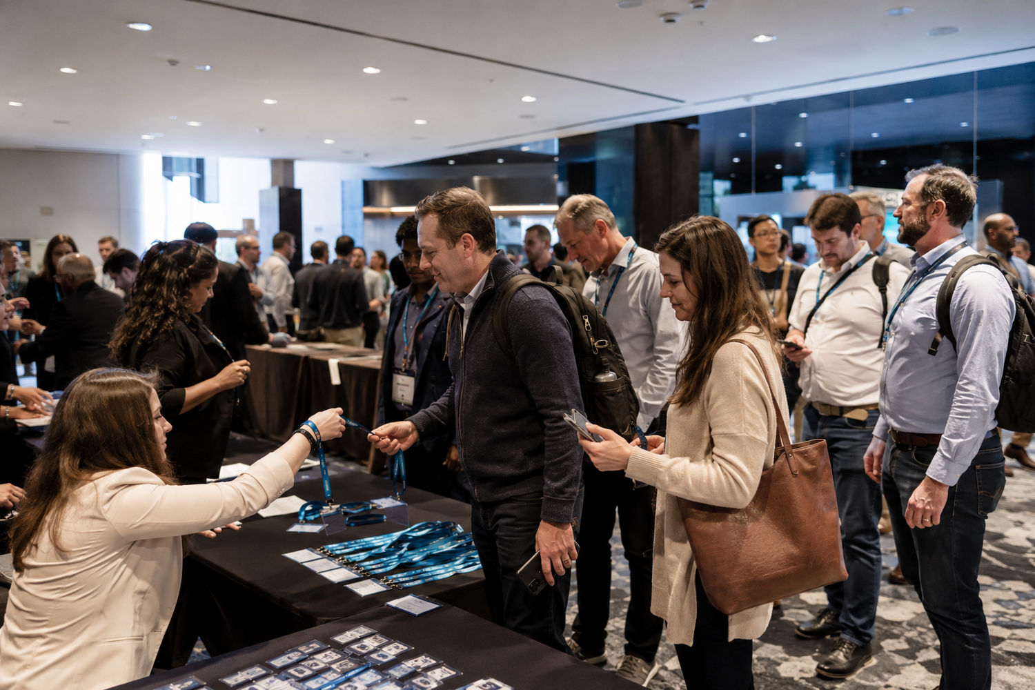 Attendees check in at a registration table during a busy professional conference event in a modern venue.