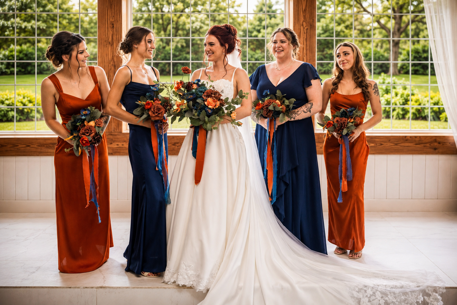 Bride in white gown with four bridesmaids in navy and rust orange dresses holding colorful bouquets indoors.