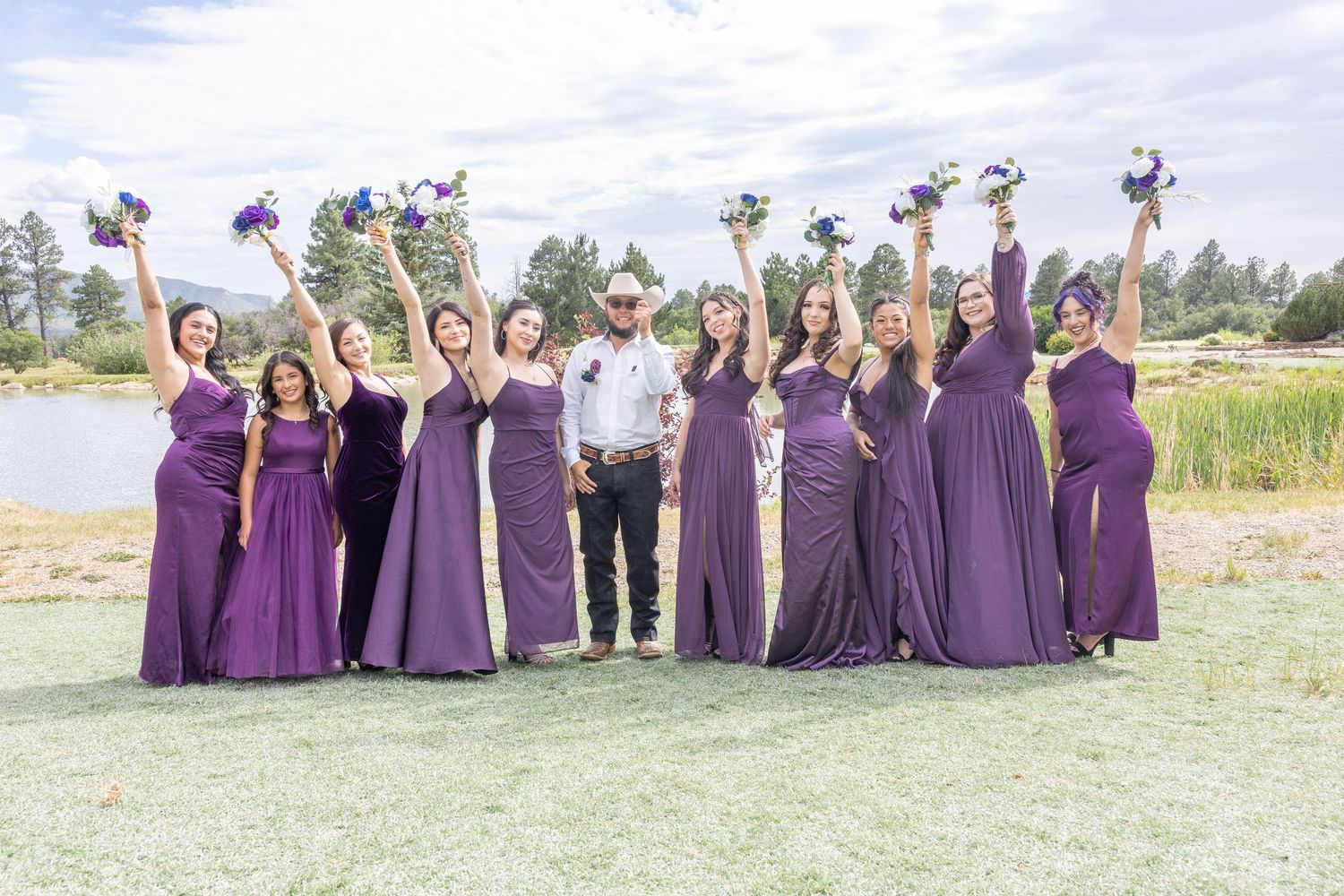 Wedding party in purple dresses poses joyfully outdoors in a panoramic photo series.