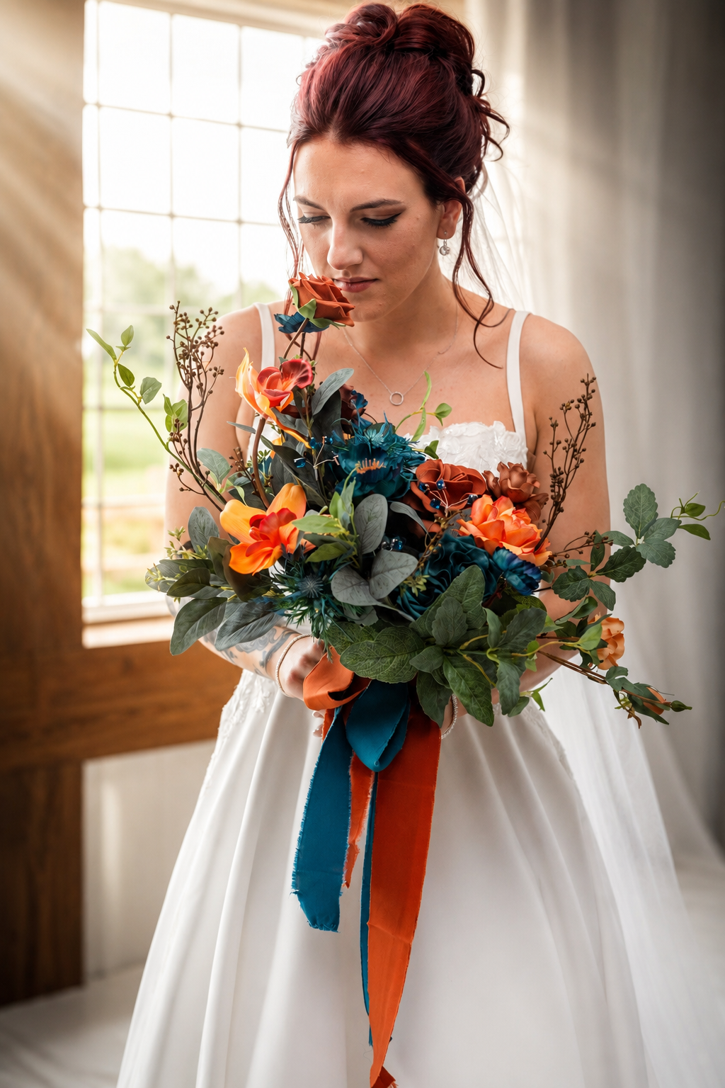Redhead bride in white gown smells a vibrant orange and teal bridal bouquet with ribbon streamers near a sunlit window.