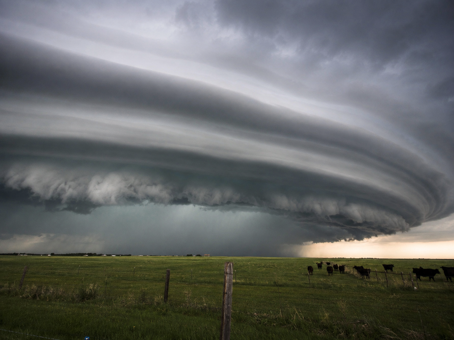 Dramatic supercell thunderstorm with rotating shelf cloud over green pasture with cattle grazing below.