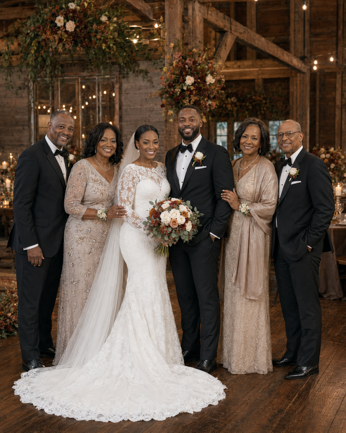 A joyful wedding party poses in a rustic barn venue, with bride in lace gown holding bouquet, groom in tuxedo, and family.