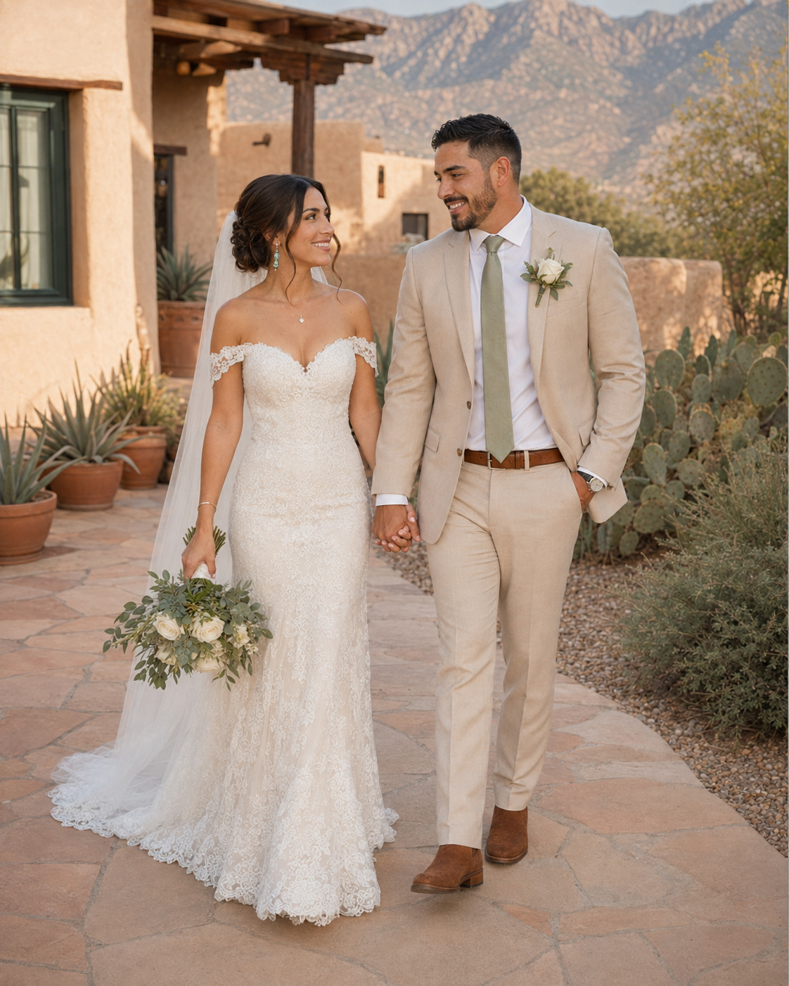 Bride and groom holding hands walking at a desert wedding venue with mountains and cacti in the background.