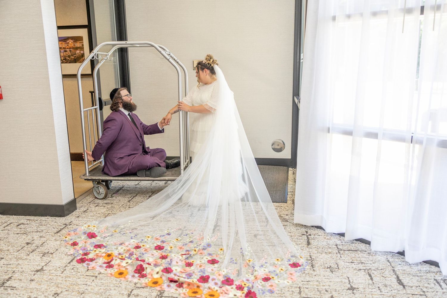 A sequence of wedding photos showing a bride in a white gown walking through scattered rose petals in a bright room.