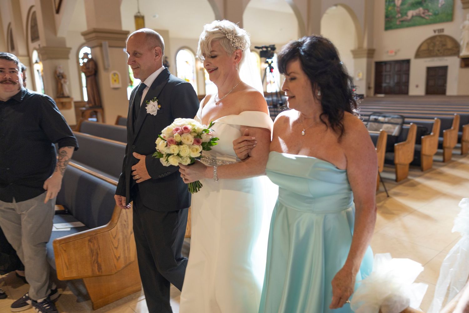 A series of wedding ceremony moments showing people in formal attire gathered in a church setting.