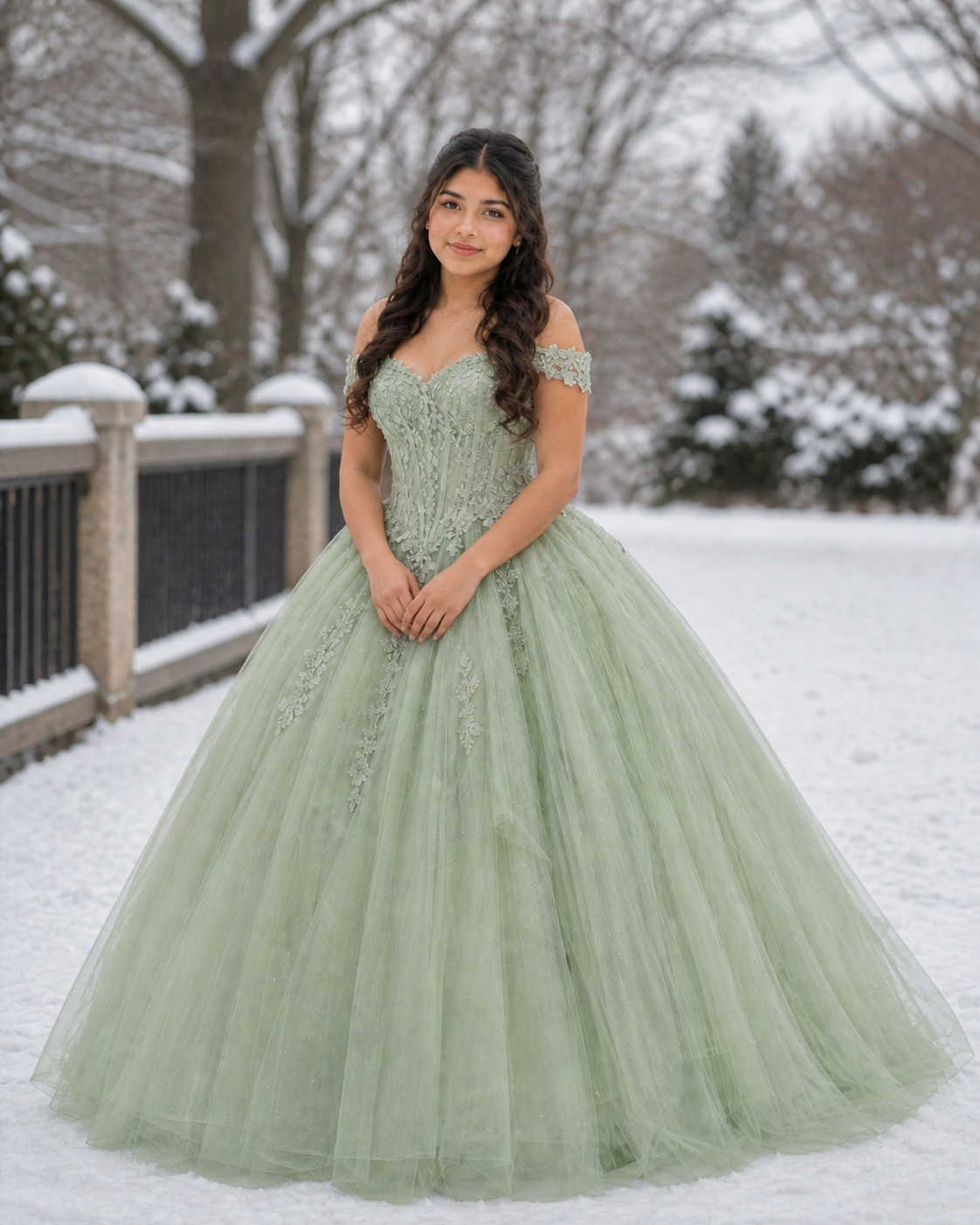 Young woman in sage green off-shoulder ball gown with lace details poses in snowy winter garden.