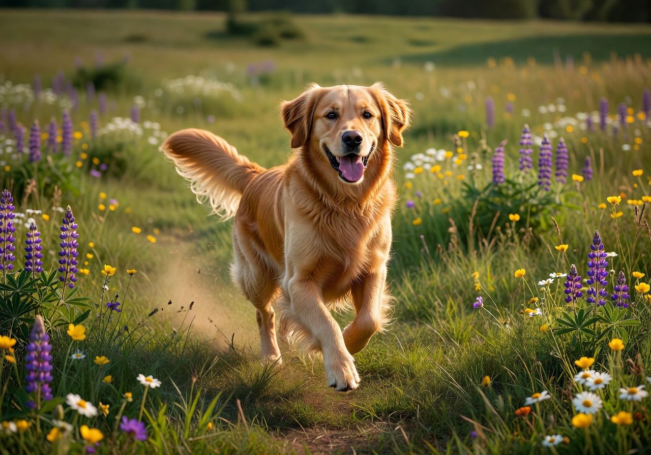 A golden retriever runs joyfully through a vibrant wildflower meadow with purple lupines and daisies on a sunny day.