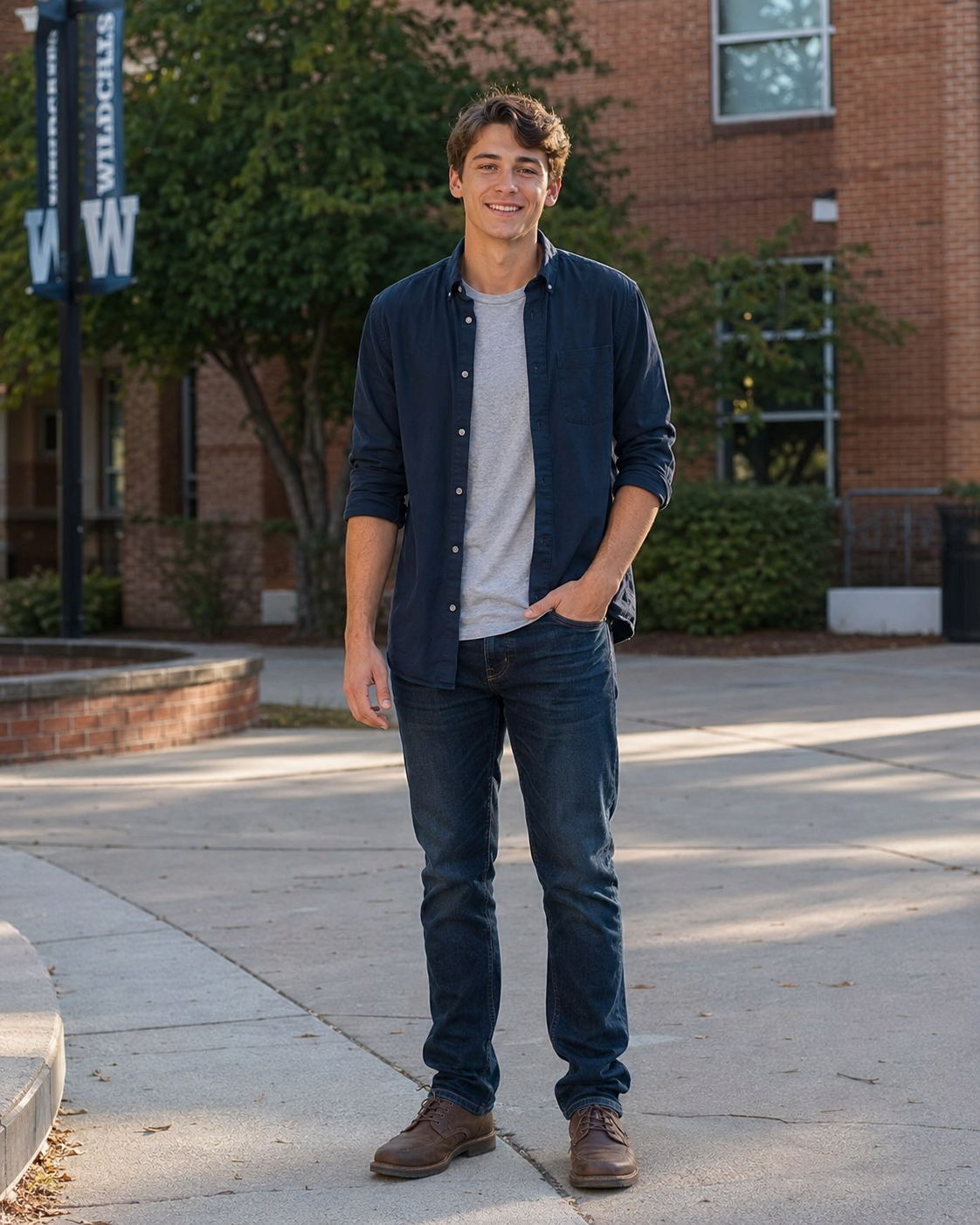 Smiling young man in navy shirt and jeans standing on a college campus sidewalk with brick building.