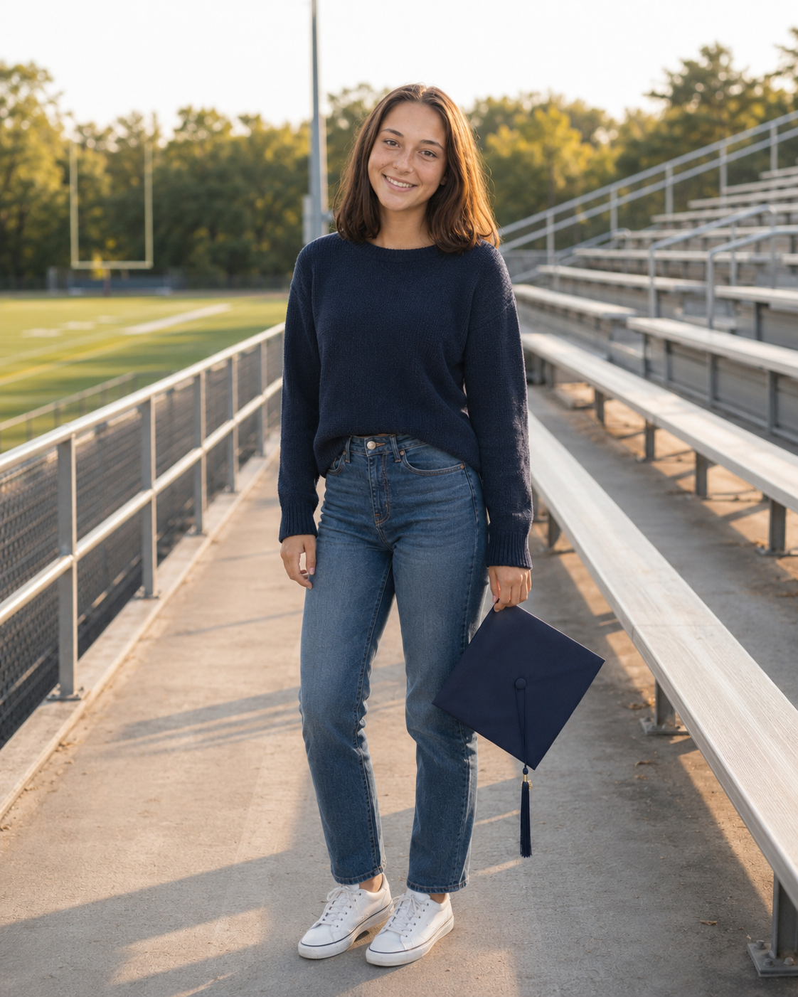 Young woman smiling in navy sweater and jeans holding graduation cap at stadium bleachers during golden hour.