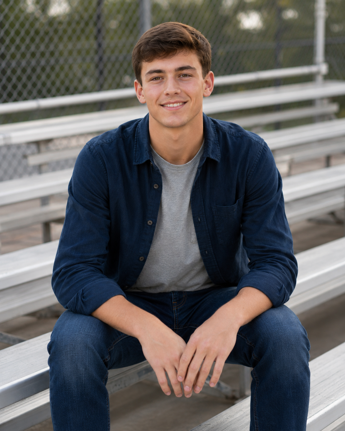 Smiling young man in navy shirt sitting on bleachers outdoors in casual senior portrait.
