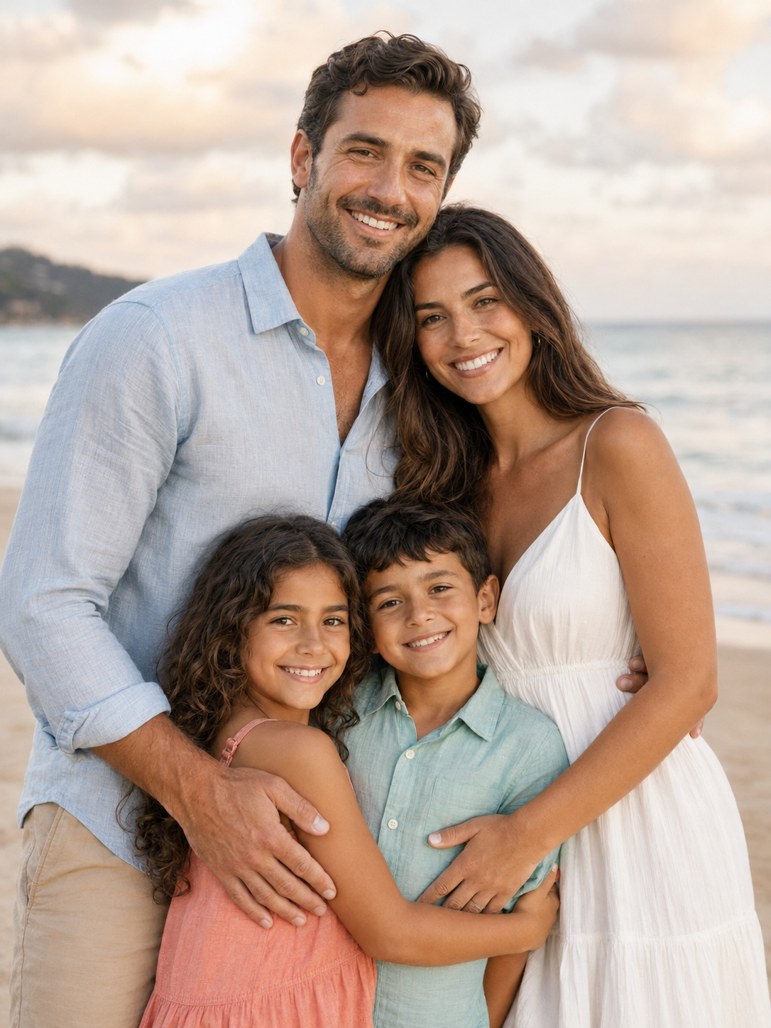 Happy family of four posing together on a sunny beach, parents embracing two young children with ocean waves in background.