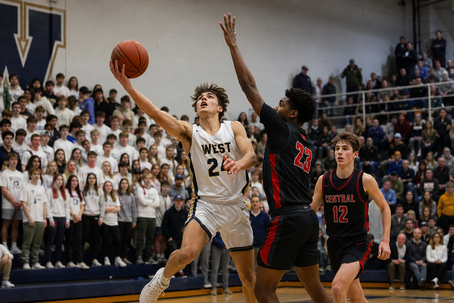 West player #2 drives to the basket against Central defender #23 in a packed gymnasium.