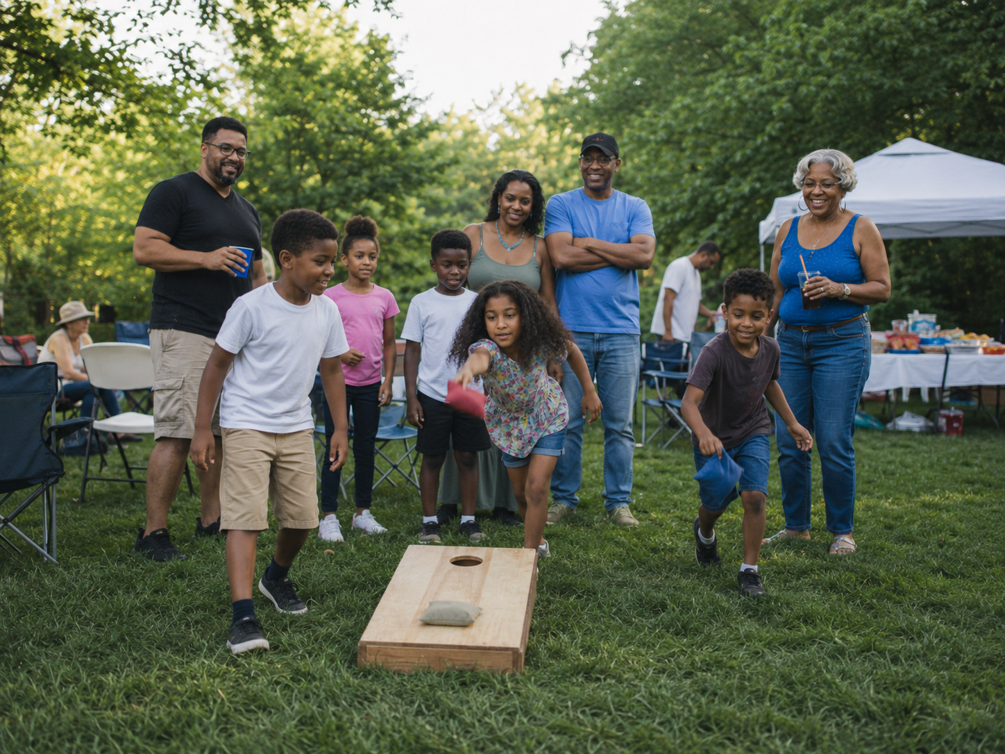 Multi-generational African American family playing cornhole together at a sunny outdoor backyard gathering.