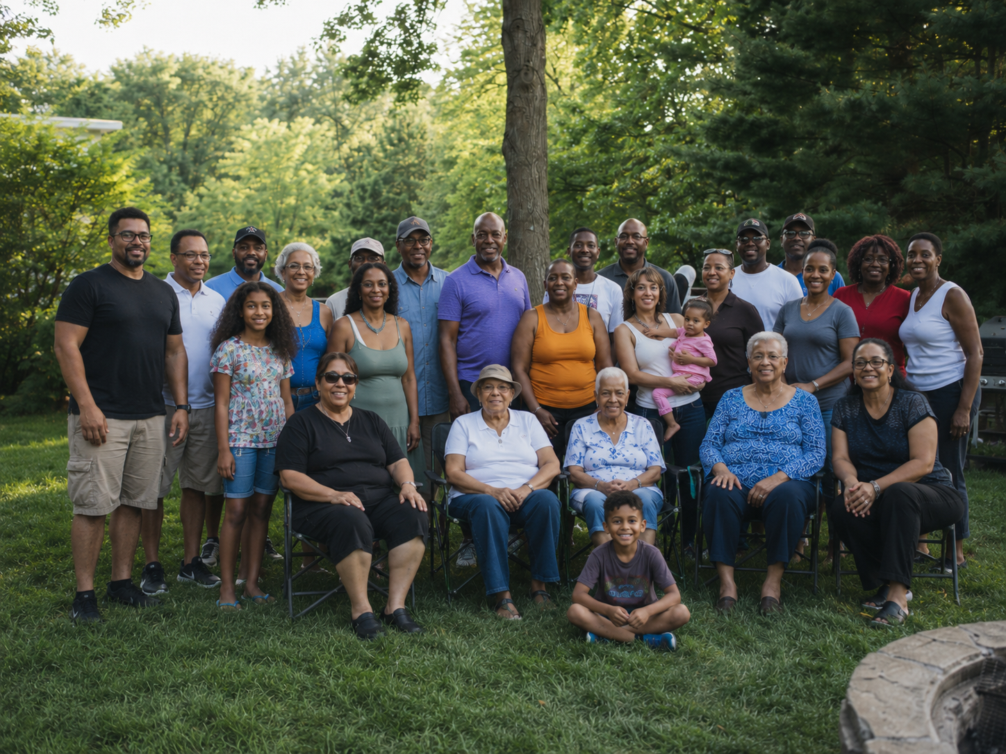 Large family group posing together outdoors on green lawn with trees in background.