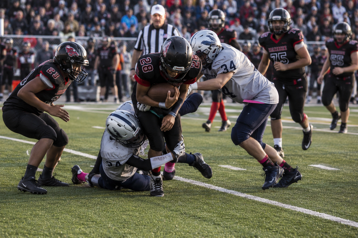 Football players collide during an intense tackle play on a dark outdoor field during a competitive game.
