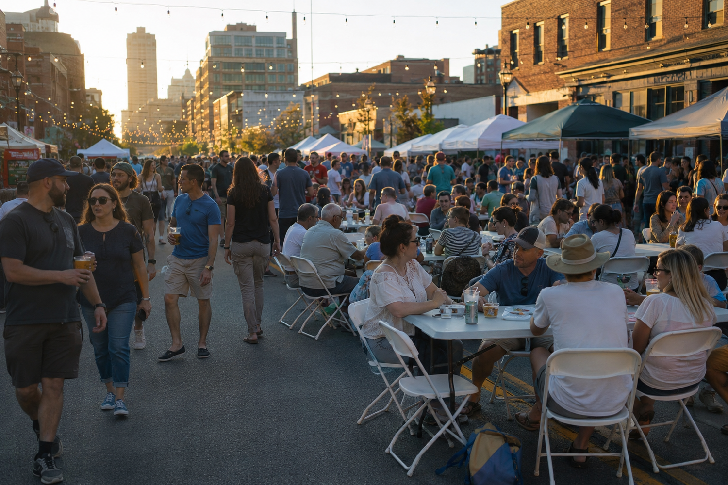 Crowds enjoy an outdoor street festival at sunset with white tables and city buildings.