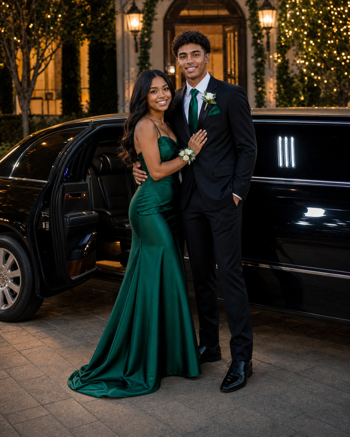 Couple in elegant prom attire, green gown and black suit, posing by a black limousine at night.